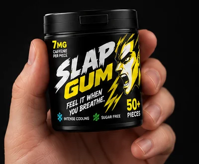 Hand holding a SLAP GUM tub to show its size