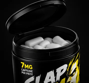 SLAP GUM tub with the lid popped open, full of white gum pieces