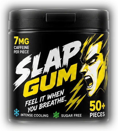 SLAP GUM tub: black with yellow lettering, 7 mg caffeine per piece, 50+ pieces